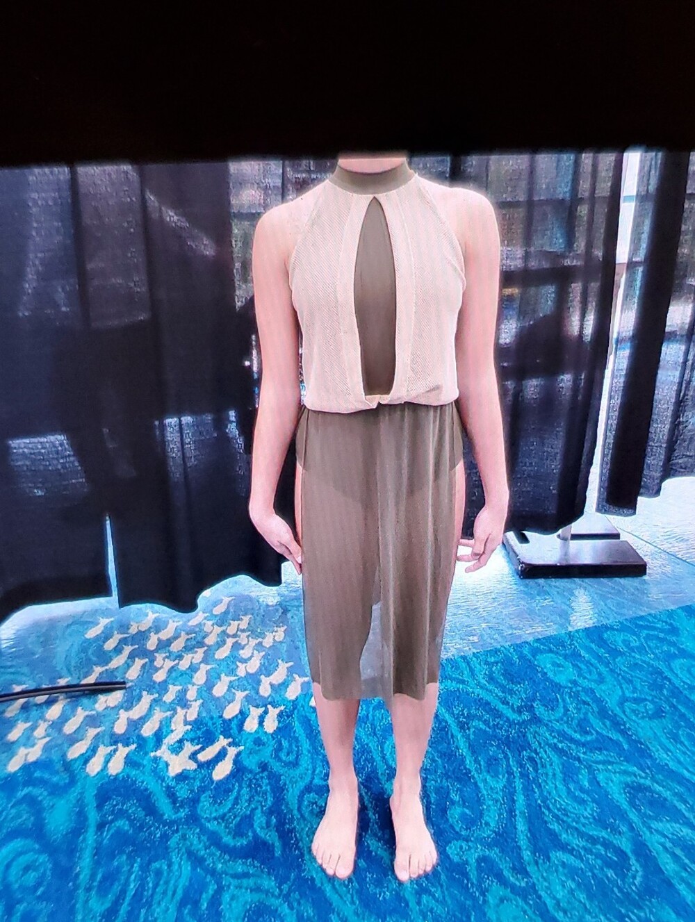 Sleeveless Olive Halter Romper with Cream Mesh Bodice